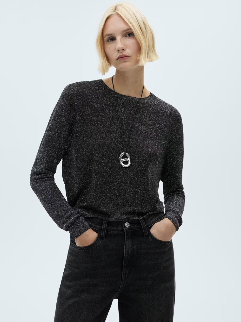 Mango Black crewneck lurex sweater NWT